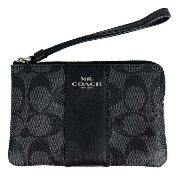 COACH Black Signature Logo PVC Leather Corner Zip Wallet Wristlet F58035 - Picture 1 of 7
